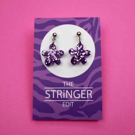 Purple Glitter Flower Earrings