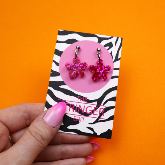 Pink Glitter Flower Earrings