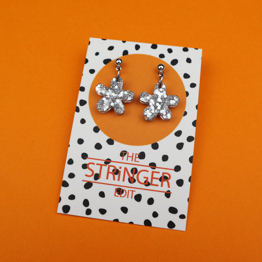 Silver Glitter Flower Earrings