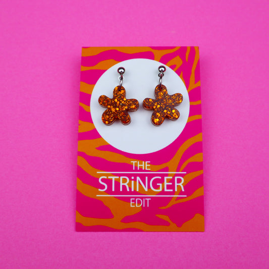 Orange Glitter Flower Earrings