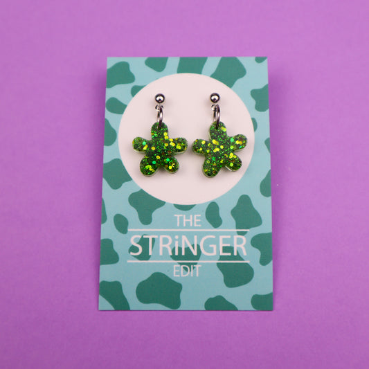 Green Glitter Flower Earrings